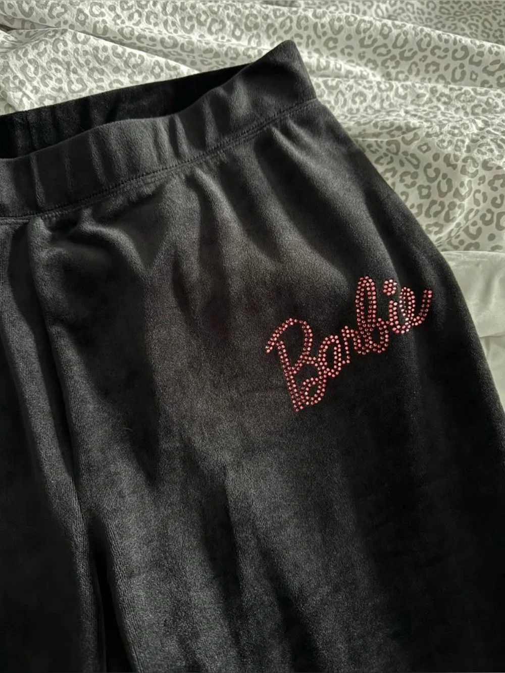 BARBIE 💖 Black Velour Pants with Pink Rhinestone Logo - Picture 1 of 5